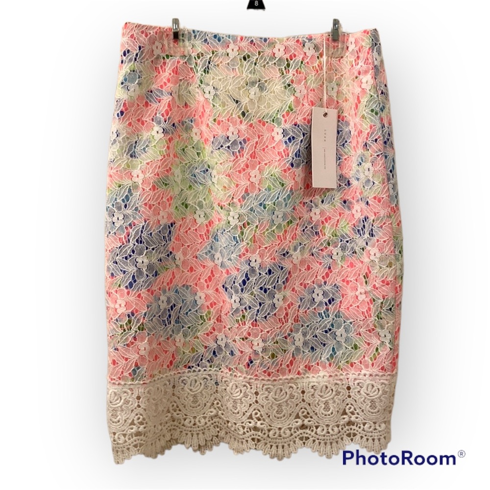 NWT Lush Floral Lace Skirt Pink Blues Green White Back Zipper WM SZ M Beautiful